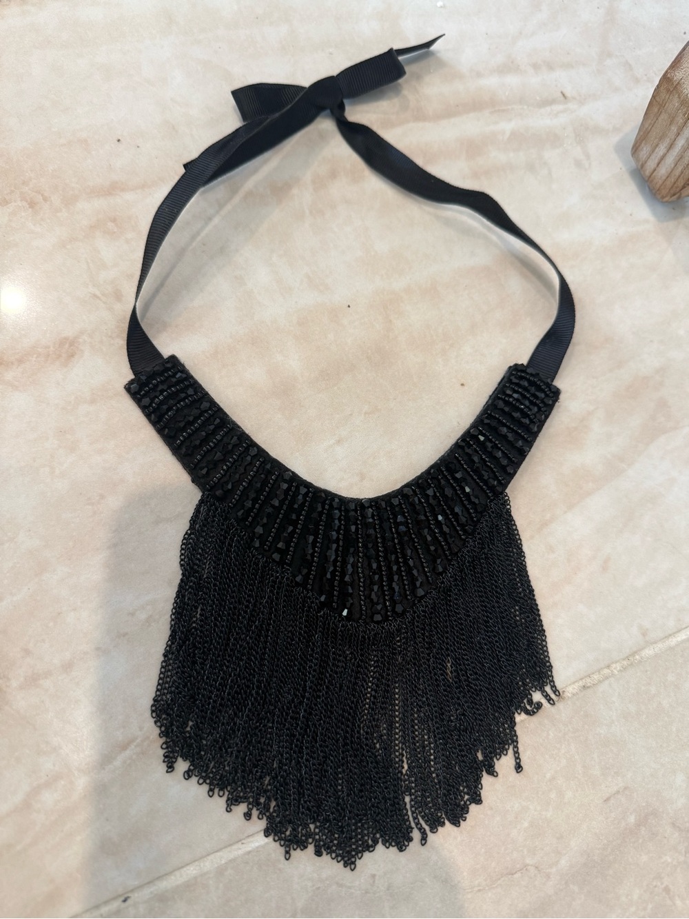 Black Beaded Fringe Ribbon Necklace